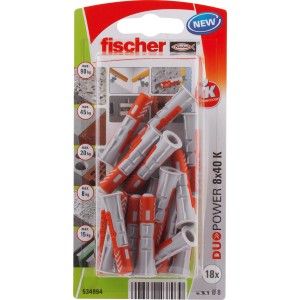 Fischer Duopower 8x40 K tasselli, confezione da 18, grigi e rossi, per fissaggi sicuri in diversi materiali.