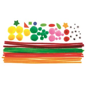 Biegeplüsch Bastel-Mix in Orange, Rot und Grün mit Pompons und Wackelaugen für kreative Bastelarbeiten.