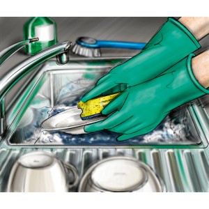Guanti da cucina verdi taglia S che lavano i piatti nel lavandino.