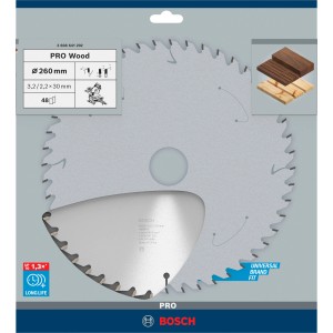 Lama per sega circolare Bosch Optiline Wood, 260mm, 48 denti, per tagli puliti nel legno.