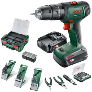 Set avvitatore a percussione a batteria Bosch UniversalImpact 18V con accessori e 2 batterie.