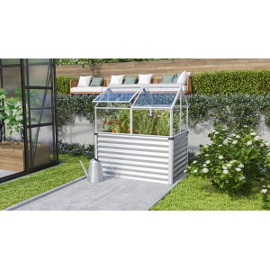 Vitavia Gaia Jumbo carré potager surélevé en métal avec fenêtres ouvrantes dans un jardin.