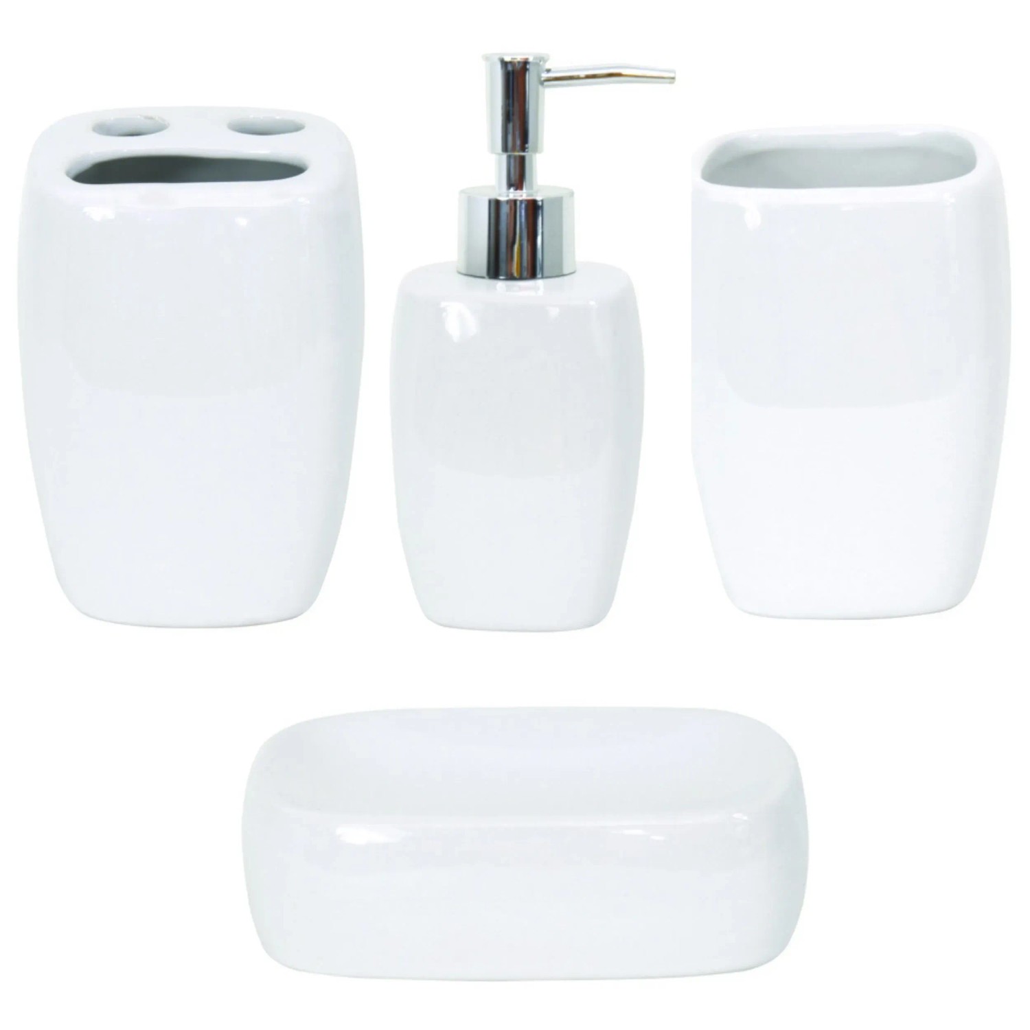 Ensemble De 4 Accessoires Céramique Blanc - Design Moderne, Dimensions 7x7x16,5 Cm