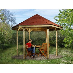 Gazebo da giardino Weka 656 in legno con tetto rosso e persona al tavolo in giardino.
