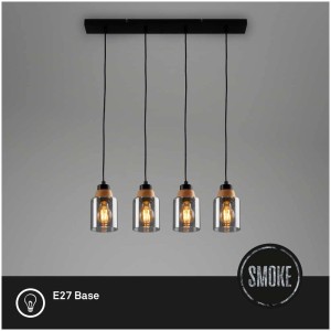 Suspension Briloner avec 4 lampes en verre fumé, détails en bois et suspension noire.