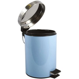 Cestino a pedale MSV in metallo azzurro pastello, pattumiera cosmetica con coperchio aperto.