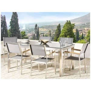 Ensemble de meubles de jardin Beliani Grosseto avec 6 chaises, granit poli/gris. Cadre en acier inoxydable, assise en textile.