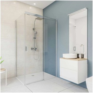 Bagno con pannello posteriore Breuer effetto cemento bianco-grigio lucido, 100x255 cm.