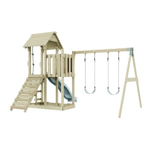 Altalena per bambini PolarPlay Uppsala blu ghiaccio con scivolo e torre gioco in legno.
