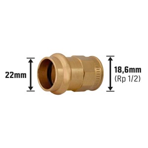 Übergangsmuffe aus Rotguss, 22 mm x 18,6 mm (Rp 1/2), für Pressfittings in Heizung, Wasser und Solar.