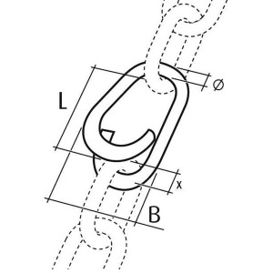 Technische Zeichnung eines Conacord Ketten-Notglieds aus Stahl (Ø 6 mm, 29 mm) zum Verbinden von Ketten. Maße L, B, Ø, x.