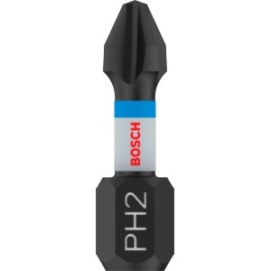 Punta per avvitatore Bosch Impact Control 25 mm, PH2, nera con logo Bosch bianco e anello blu, per avvitatori a impulsi.