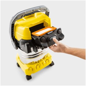 Aspirateur eau et poussière Kärcher WD 5 S V-25/6/22 avec retrait du filtre. Design jaune et noir.