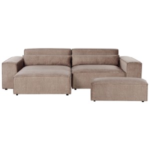 Canapé d'angle Beliani Hellnar, canapé en tissu marron clair avec pouf et coussins.