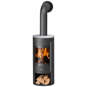Poêle à bois Justus Mino 2.0, acier noir avec plaque en stéatite, 5 kW, avec bois dans le compartiment.