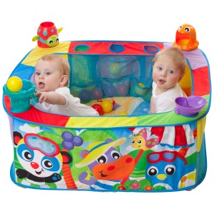 Piscina di palline Rotho Playgro Pop Up con 30 palline colorate e due bambini.