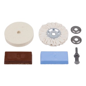 Wolfcraft Set per lucidatura, 5 pezzi: dischi per lucidare, pasta per lucidare (marrone/blu) e mandrino per trapani.