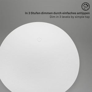 Dettaglio della lampada da tavolo a batteria bianca Brilo Fungo con dimmer touch.
