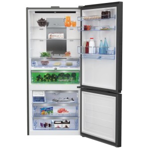 Réfrigérateur-congélateur Beko KG730 Dark Inox, ouvert. Rempli d'aliments, tiroir HarvestFresh, distributeur d'eau. 615 l.