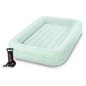 Lit de voyage enfant Intex, vert menthe à motifs d'étoiles, avec pompe à air. Idéal pour les voyages.