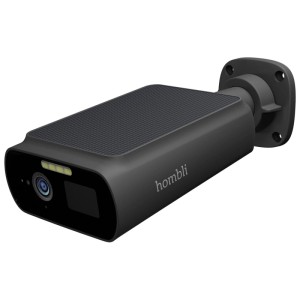 Caméra de surveillance Hombli Solar Cam 2K noire avec panneau solaire, objectif et projecteur.