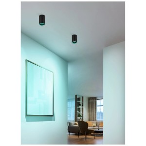 Due faretti LED da superficie Eglo Carozzo-Z neri su un soffitto con luce colorata.