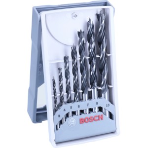 Set punte per legno Bosch Pro, 7 pezzi, in custodia grigio-bianca aperta. Diverse punte a spirale per forature precise.