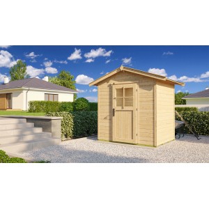 Casetta da giardino in legno Weka 223 non trattata con tetto a due falde e porta su ghiaia.