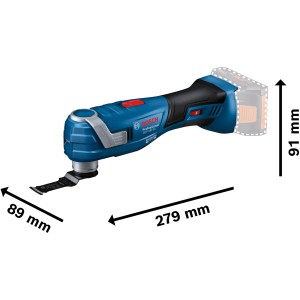 Multi-Cutter Bosch Professional GOP 18V-34 en bleu/noir avec accessoires et dimensions.