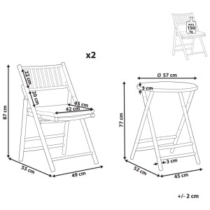 Dimensions de l'ensemble bistrot 3 pièces en bambou marron Beliani Savelletri avec table et 2 chaises.