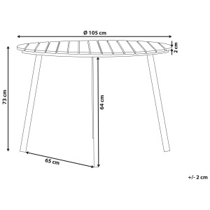 Skizze Gartentisch Cavoli, Holz/Alu, Ø 105 cm, Maße: Höhe 73 cm, Tischplattenstärke 2 cm, Beine 64 cm hoch.