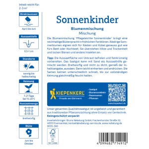 Sementi Kiepenkerl Miscela di fiori Sonnenkinder, confezione con informazioni su semina e fioritura.