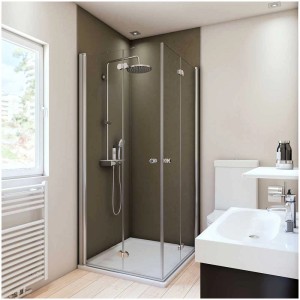 Cabina doccia con pannello posteriore Breuer color moka, rivestimento murale senza giunture in alluminio composito.