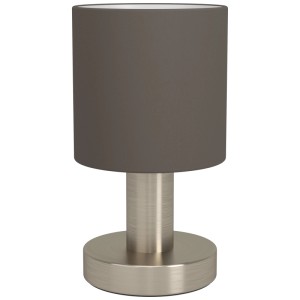 Lampada da tavolo Eglo Montetto: base in acciaio, paralume in tessuto cappuccino, lampada da scrivania.