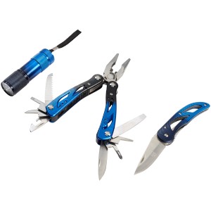 Set de 3 outils multifonctions LUX : Lampe torche, pince multifonction et couteau.