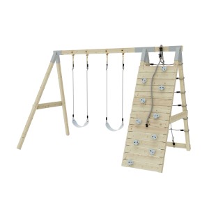Struttura da arrampicata PolarPlay Bee Ice Blue con altalene in legno e parete da arrampicata.