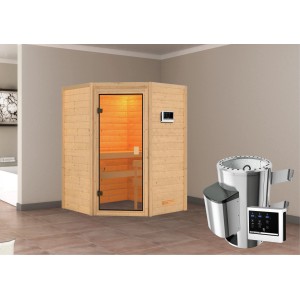 Karibu Sauna Antonia aus Holz mit Ofen und externer Steuerung, naturbelassen.
