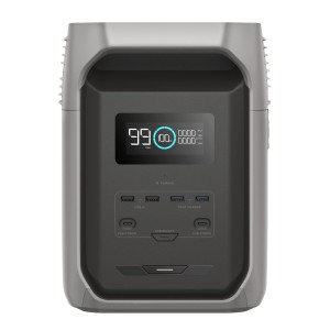 Station électrique Ecoflow Delta 3 grise avec écran et ports. Alimentation mobile pour systèmes solaires.
