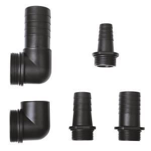 Ensemble de raccords universels noirs pour pompes immergées, différentes tailles et formes.