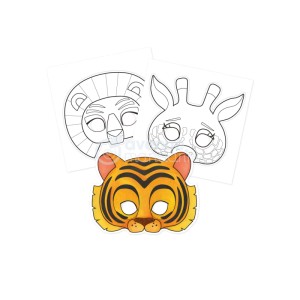 Bunte Tigermaske, unbemalte Löwen- und Giraffenmasken aus dem MyMandarine Graffy Pop Ausmalbuch.