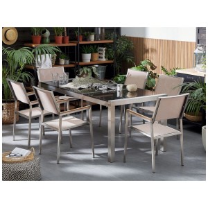 Ensemble de meubles de jardin Beliani Grosseto avec 6 chaises, pierre naturelle polie, beige. Table et chaises de jardin.