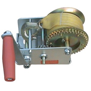 Treuil manuel avec sangle TRT1101S, force de traction 500 kg, avec crochet et plaque de base stable.