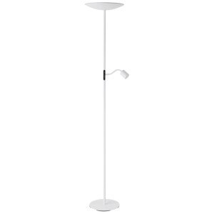 Weisse Eglo LED-Stehleuchte mit Leselicht, Touchdimmer, warmweisses Licht.