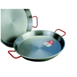 Poêle à paella Garcima en acier, Ø 36 cm, avec poignées rouges.