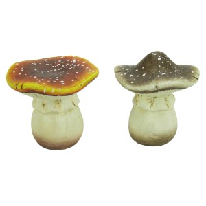 Due funghi decorativi in ceramica, marrone e beige, alti 5,5 cm, per decorazioni autunnali.