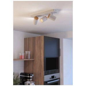 Eglo Consuma Plafoniera 3 faretti, acciaio/legno, bianco, 400mm. Ideale per cucina e bagno.