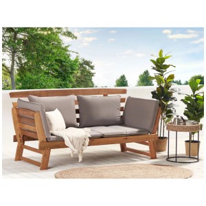 Banc de jardin Beliani Portici, 2 places en bois d'eucalyptus avec coussins taupe.