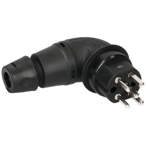 Fiche T25 noire coudée, 5 pôles, IP55, pour chantier et industrie.