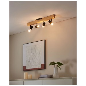 Faretto a barra Eglo Townshend a 4 luci, legno/metallo nero, per lampadine E27.