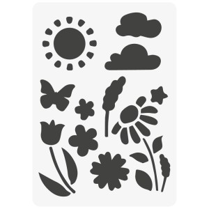 Transparente Design-Schablone Kids Sommertag aus Kunststoff mit Sonne, Wolken, Blumen und Schmetterling.